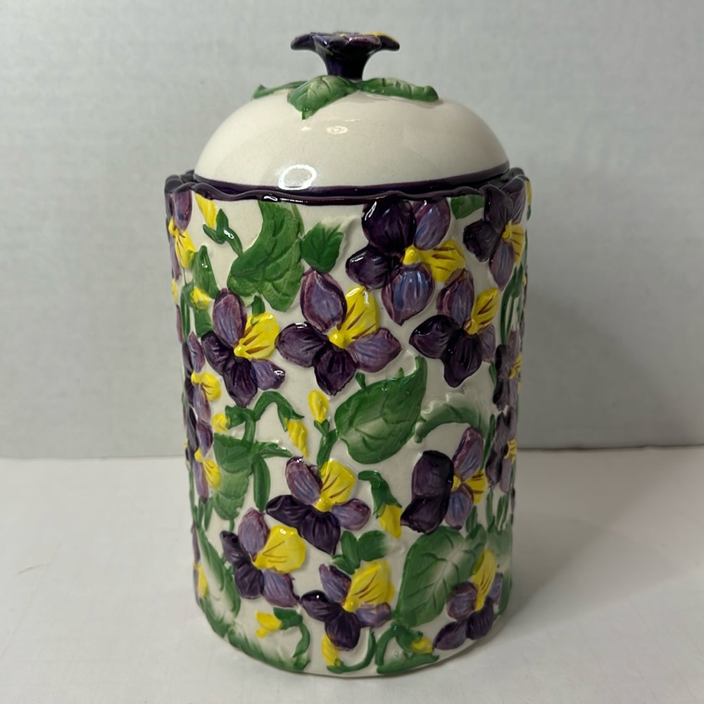 Temptations 3D Figural Floral 1.5 quart Canister Cookie Jar Purple Green